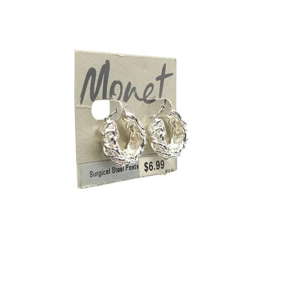 Monet Braided Hoop Earrings Snap Shut Closure Silver Tone Vintage - Picture 2 of 4